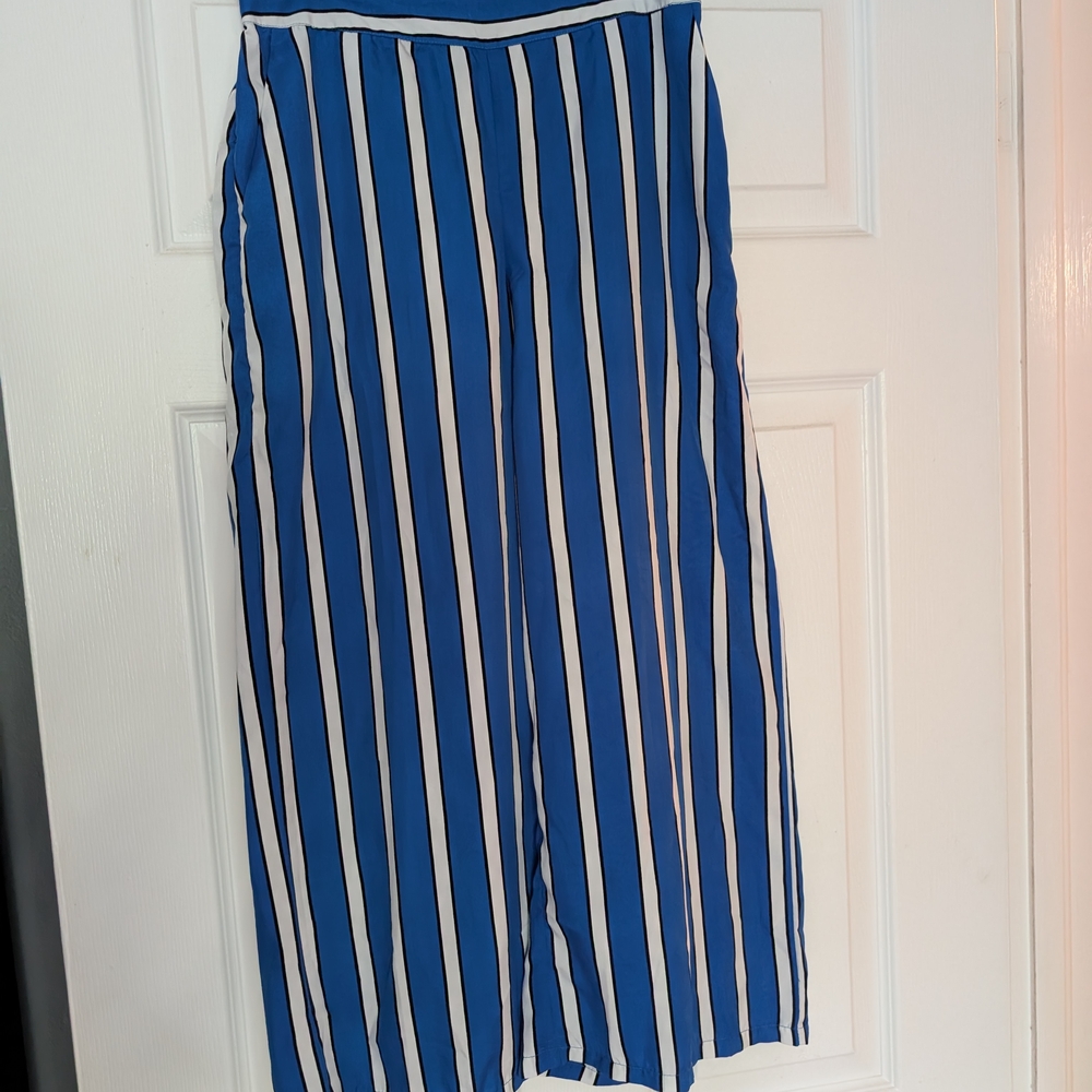 Mango Blue and White Striped Midi Skirt
